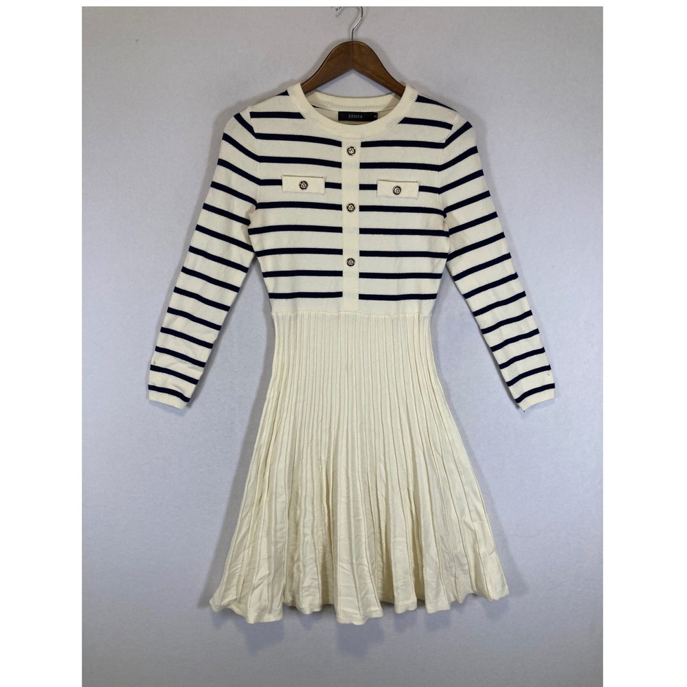 Preppy Nautical ZESICA Womens Small Cream Navy Striped Pleated Knit Mini Dress